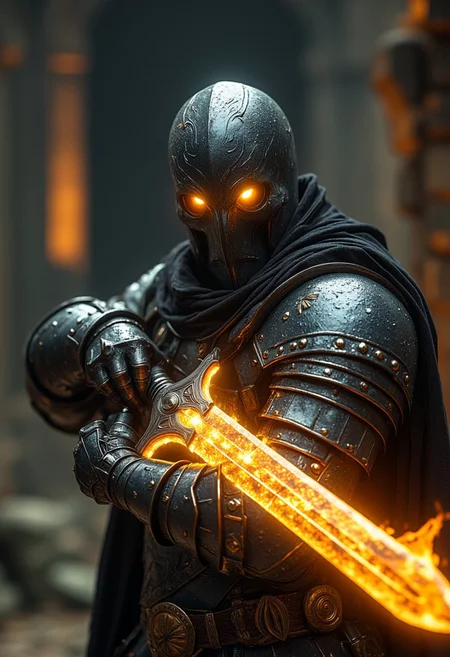 (A cinematic shot of a 'warforged' (eberron warforged), sapient suit of armor, behind the helmet slits are glowing eyes, detailed features, holding a glowing sword by the handle in attacking pose, fire around the sword blade, best quality, amazing details, ancient temple in background:1.2), hkwarrior, mythp0rt
aidmaHyperrealism