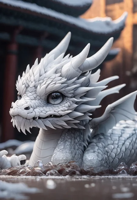 very tiny ice dragon, body made of ice, curled up sleeping, cute and adorable, hyperrealistic, fantasy, depth of field, heavy contrast, emb-drgn, dragon, haohaovietnam,