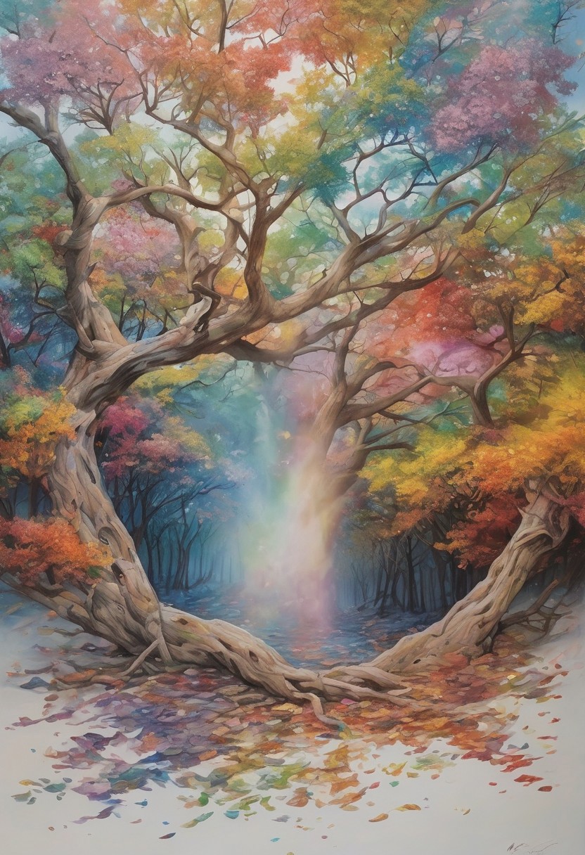 (photo realistic, hyperrealism), Imagine a scene where time has stood still beneath an ancient tree. Its leaves drift to the earth in colors of a rainbow. Magic spins through the air. Each petal and leaf emit a soft, otherworldly glow. Sunlight kisses the earth, (whitespace)