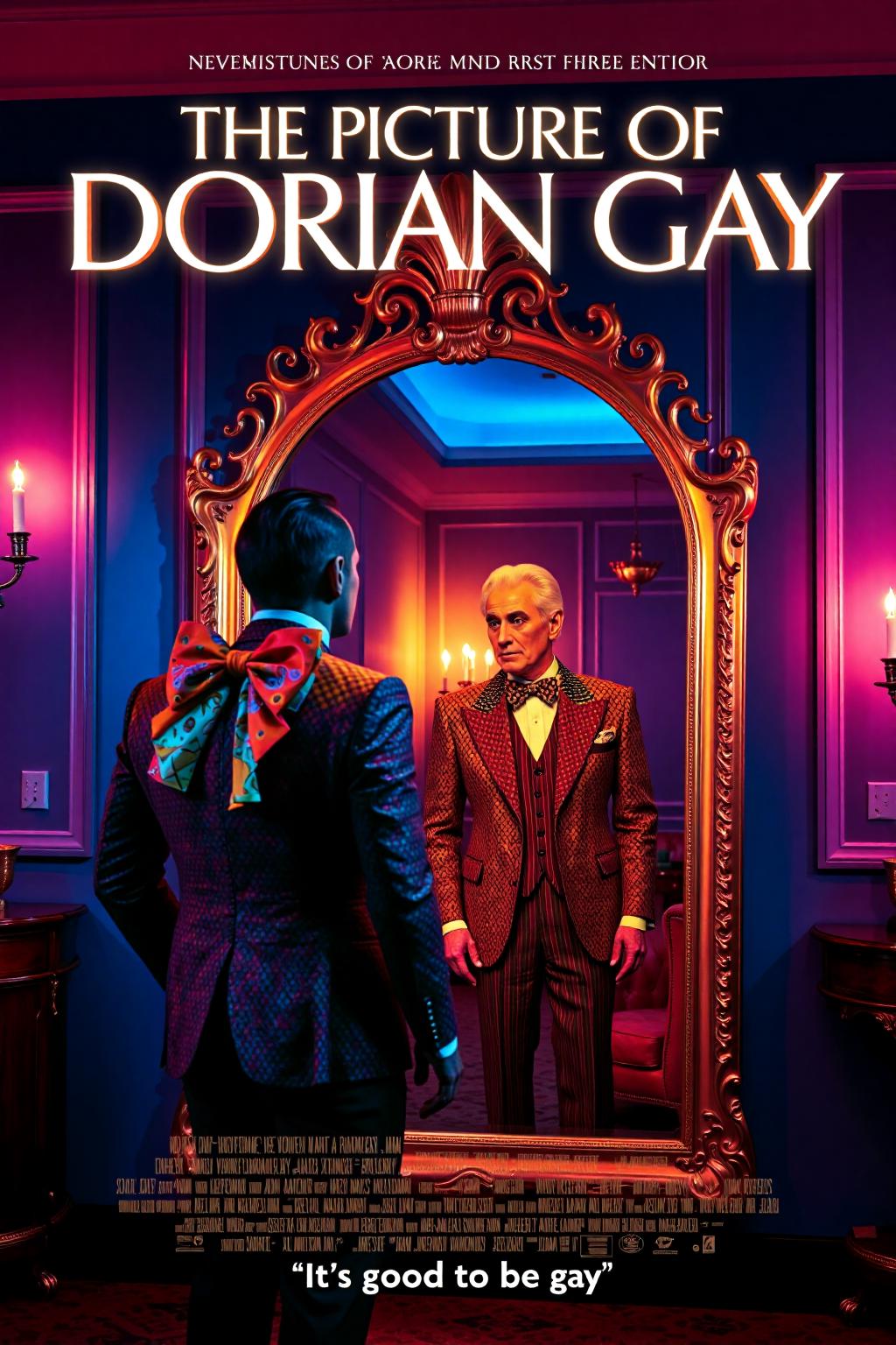 mvpstr. Epic movie poster for "The Picture of Dorian Gay". The poster features a sharply dressed, flamboyant gay man standing in front of an ornate, gilded mirror, gazing deeply at his own reflection. The man is wearing a stylish, colorful suit with a large, extravagant bowtie, his hair perfectly styled. His reflection appears slightly older and more tired, contrasting with his youthful appearance. The setting is a luxurious, modern room with neon lighting, rainbow accents, and elegant decor. The title "The Picture of Dorian Gay" is displayed in bold, glamorous font across the top. Below, the tagline reads: "It's good to be gay" Cinematic lighting, retro movie poster style, exaggerated colors, playful pop-art vibe. <lora:schnell_v1.0:1.0> <lora:EpicMoviePoster-000015:1.0><lora:786449902780705493:0>