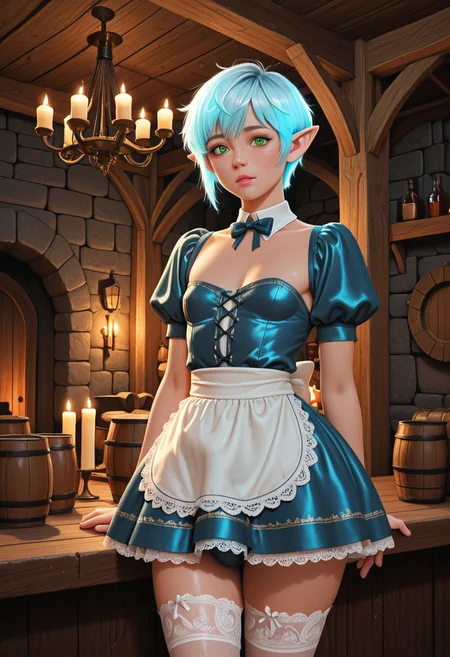 , highly detailed,
masterpiece, best quality, absurdres,
Perfect eyes, perfect hands, realistic skin texture,
soft lighting, volumetric lighting, ,(ultra HD quality details),
Solo_focus,1boy, otokono no ko, feminine, crossdressing, cute, sexy,
((Bulge, lady bulge)),
, blue hair, light blue highlights, glowing hair, pixie cut, bangs, green eyes, elf,
small breasts, perfect breasts, clear skin, wide hips, round bum, puffy chest, pointy ears, subtle makeup, pink lips,
lace stockings, short embroidered blue satin dress, puffy sleeves, detached collar, bow, multiple petticoats, lace apron, ribbons,
Fantasy tavern, candles, barrels, alcohol, night, wooden chandelier
,lifewiththesuccubusboyseriesdoujinstyleil,