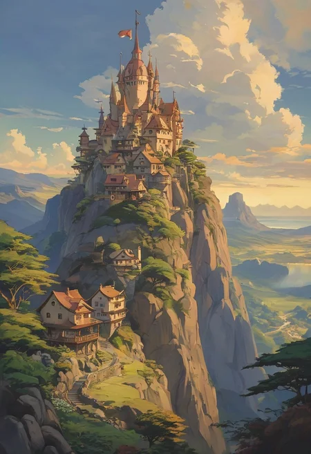 (studio ghibli drawing), (studio ghibli painting),best quality, masterpiece, extremely detailed,  professional  art,  professional painting, an extremely delicate and beautiful, dynamic,  great lighting, perfect shading, professional shading, depth of field,   side soft light, elegant, gorgeous, highly detailed,   full shot, uncropped,   pure genious, absolutely perfect,  highly detailed, breathtaking,  a giant and sheer cliff face with a town built into it, lots of different dwellings, fantasy, sunset