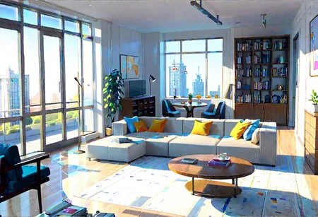 ((front view)), (Close-Up View), (Rule of Thirds), ((animation style)), modern-style interior, white walls, ((large windows)), wooden floor, a  study, Sofa, coffee table, bookcase, single wall, 
warm light morning sun, (((City high-rise building scenery))), (((clear sky)))