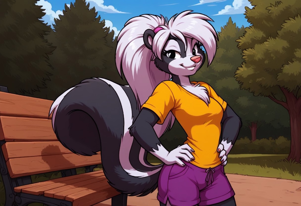 score_7, score_8, score_9, dynamic lighting, detailed background, background is park, benches, trees, walkway, clouds, sunny, glowing, close up, cowboy shot
BREAK 
Solo, 1 female, single female, anthro, furry female, female skunk, Tabitha Skunk, short, white black, long hair, (white hair), pink animal nose, black eyes, (skunk tail), feet claws, chest fur tuft, ((white cheeks))
BREAK 
standing, looking at viewer, smiling, purple shorts, yellow t shirt, hands on hips