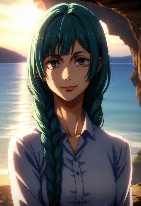 score_9, score_8_up, score_7_up, source_anime, intricate details, anime screencap, perfect balance, official art, extremely detailed CG unity 8k wallpaper, perfect lighting, Colorful, Warm_Front_face_Lighting, (masterpiece:1.0),(best_quality:1.0), ultra high res,4K,ultra-detailed, photography, 8K, HDR, highres, absurdres:1.2, Kodak portra 400, blurry background, bokeh, lens flare, (Anime) (vibrant_color:1.2), professional photograph, night, (good_face:1.2), 2d, anime, upper body, intricate iris, American, 1960s, 1970s, Professional character design, 1girl, female focus, (vibrant amethyst purple eyes), perfect eyes, (cyan hair), (Long Silky smooth hair), (pretty hair), (beautiful hair), (curtain bangs), braided hair, preppy, white dress shirt, youthful, feminine, solo, jujutsu_kaisen_style, character portrait, (perfect-lighting, lens flare), face, torso, (Kind) (Friendly) (Happy) (Sweet smile), feminine, young, (Wealthy, manor, extravagant, ornate embellishments, coastal, shore, cliff), warm sunlight, awn, (orange sunlight), (warm lighting), comfortable lighting.