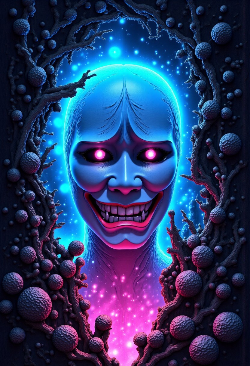 high definition digital animation depicting a cursed no-face mask radiating an eerie cyan and magenta aura displayed in a liminal bonsai garden, Studio Ghibli Dark Fairytale