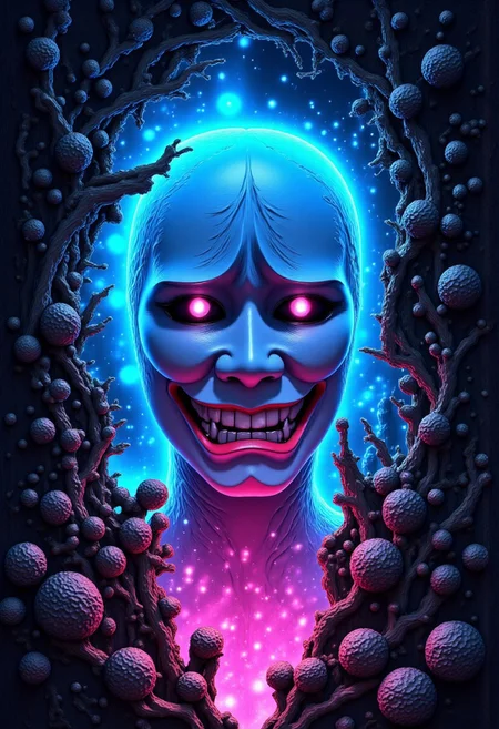 high definition digital animation depicting a cursed no-face mask radiating an eerie cyan and magenta aura displayed in a liminal bonsai garden, Studio Ghibli Dark Fairytale