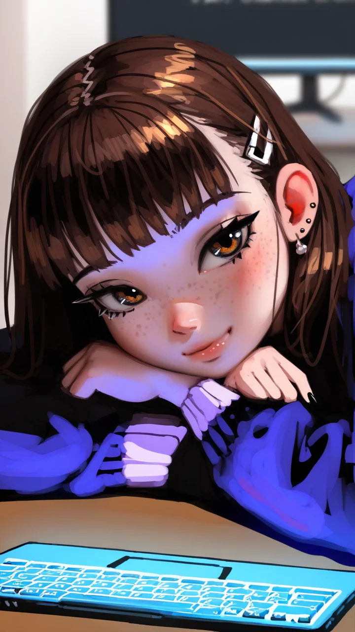 letsfinalanswer, Sinozick, BM94199, fiz-rot, wlopwangling, mossacannibalis, gabrielpicolo, samdoesarts, score_9, score_8_up, score_7_up, i want the whole image to be created in 3D anime style, 1girl, solo, looking at viewer, blush, brown hair, long sleeves, closed mouth, indoors, blurry, black eyes, child, freckles, head rest, female child, computer, laptop