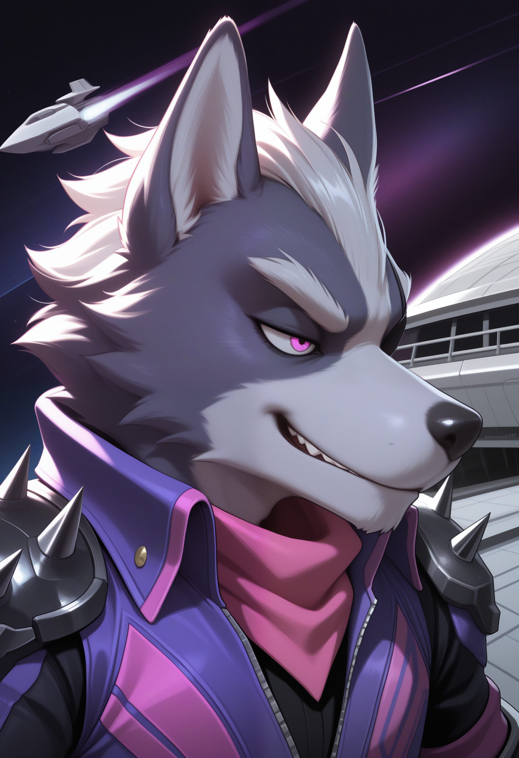 masterpiece,best quality, amazing quality, 1boy, solo, wolfSF, wolf boy, eyepatch, purple jacket, pink scarf, ultimate spiked shoulder armor, ultimate black shirt, close up, side angle, smug,

 
space, space ship,
