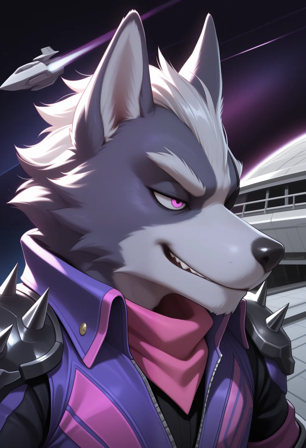 masterpiece,best quality, amazing quality, 1boy, solo, wolfSF, wolf boy, eyepatch, purple jacket, pink scarf, ultimate spiked shoulder armor, ultimate black shirt, close up, side angle, smug,
space, space ship,