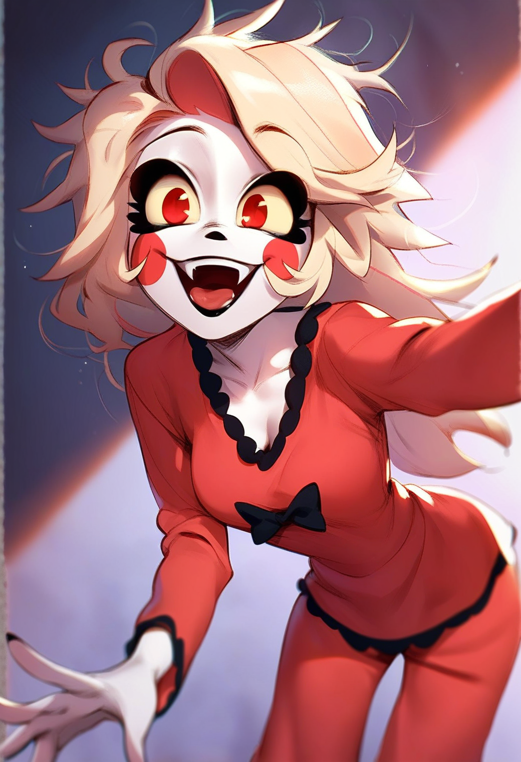<lora:hazbin_hotel_ponyxl_v2-000025:0.9>, charlie, pajamas, red pajamas, red shirt, black bow, messy hair, casual, smile, solo, open mouth, upper teeth only, leaning forward, outstretched hand, outstretched arm, fangs, tongue
BREAK
score_9, score_8_up, score_7_up, score_6_up