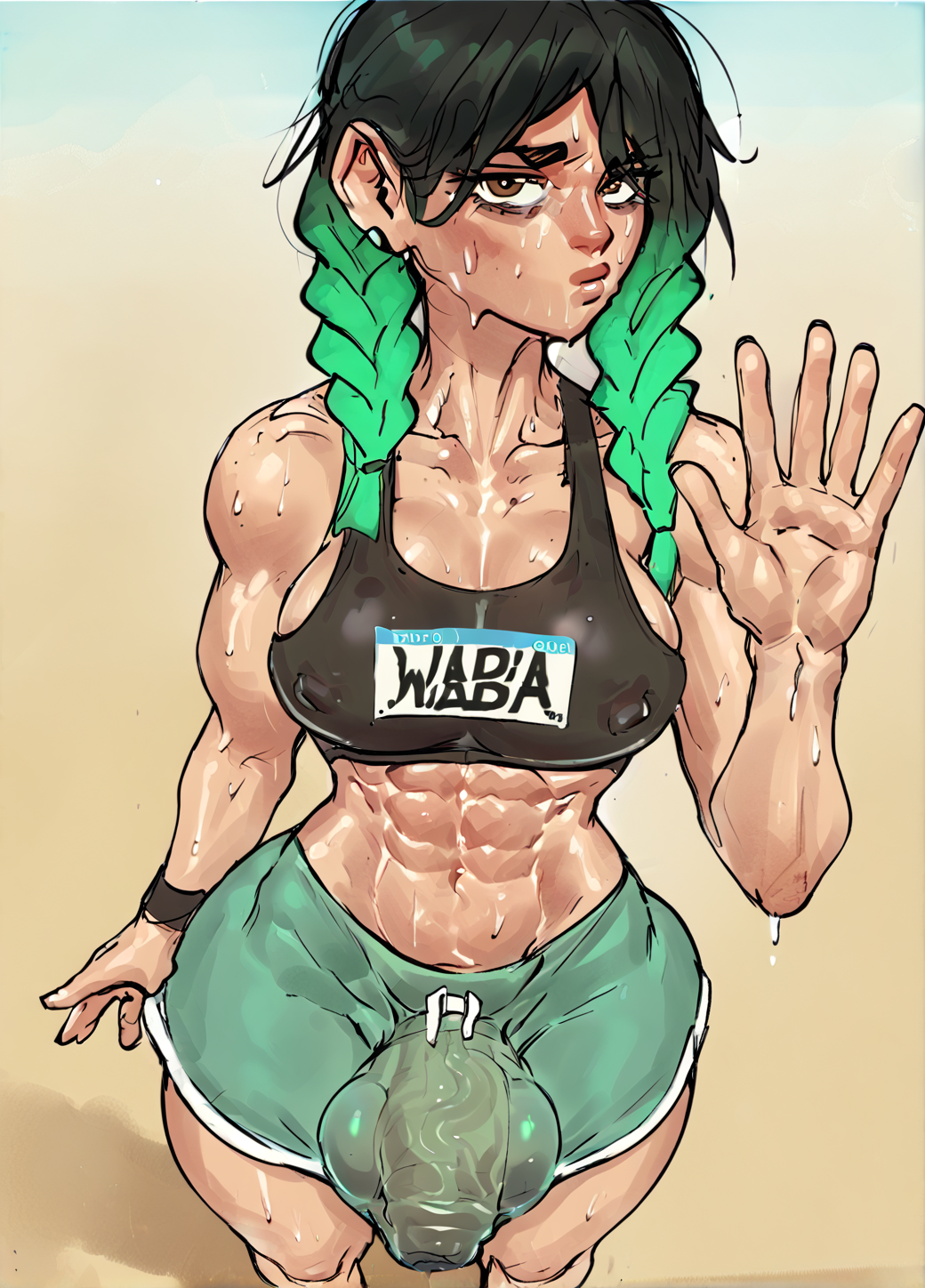 score_9, score_8_up, score_7_up, from above, Jadesb, futanari, brown eyes, neutral expression, sweating profusely, 1girl, solo, futanari, nipple bulge, blue skies, sun, waving, black hair, green hair, gradient hair, twin-braid hairstyle, muscular futanari, wide hips, dolphin shorts, penis bulge under shorts, sports bra, Park Setting, Looking at viewer, <lora:Streachybear_Style_V4:0.8> <lora:Jade_Streachybear:0.5>