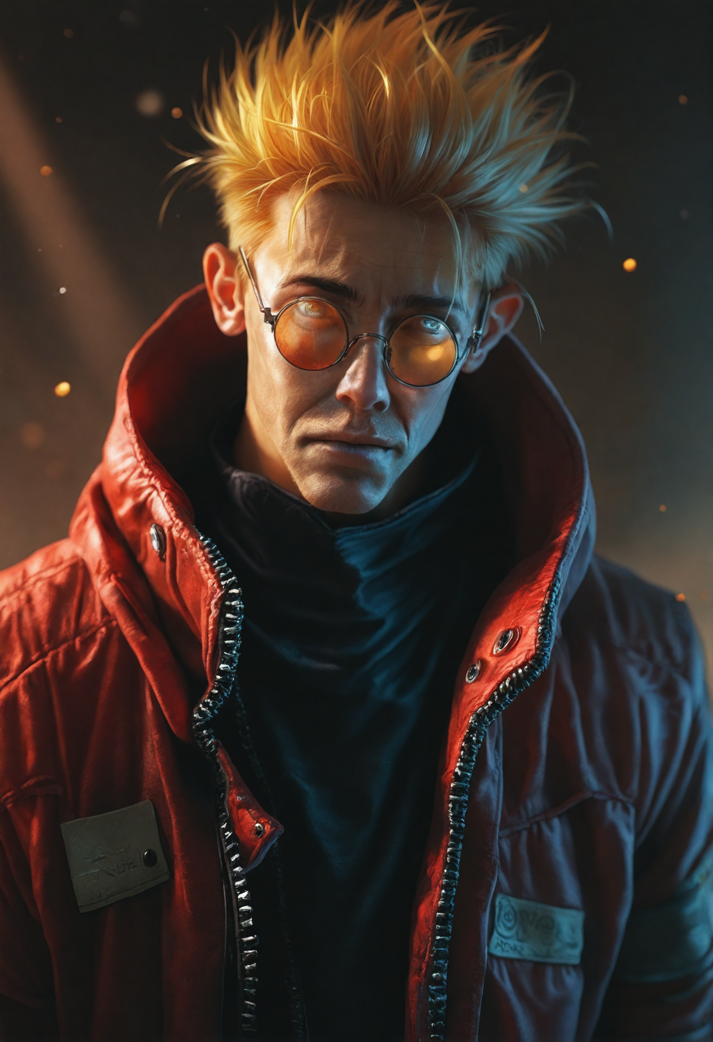 detailed,masterpiece,perfect quality,absolutely eye-catching,best quality,(photorealistic),1boy,man,Vash the Stampede,dark, atmospheric, volumetric lighting, low light