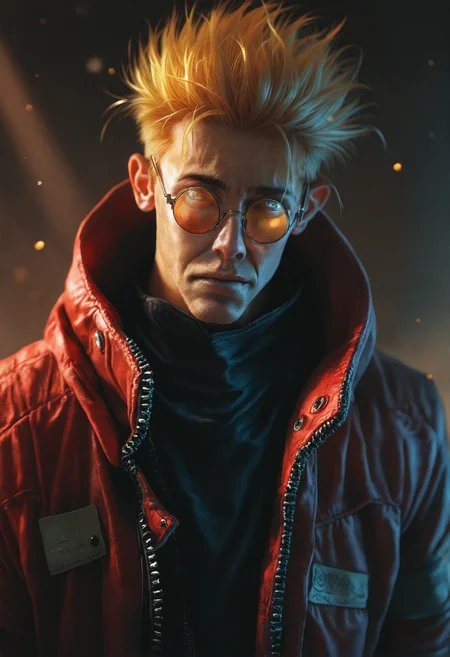 detailed,masterpiece,perfect quality,absolutely eye-catching,best quality,(photorealistic),1boy,man,Vash the Stampede,dark, atmospheric, volumetric lighting, low light