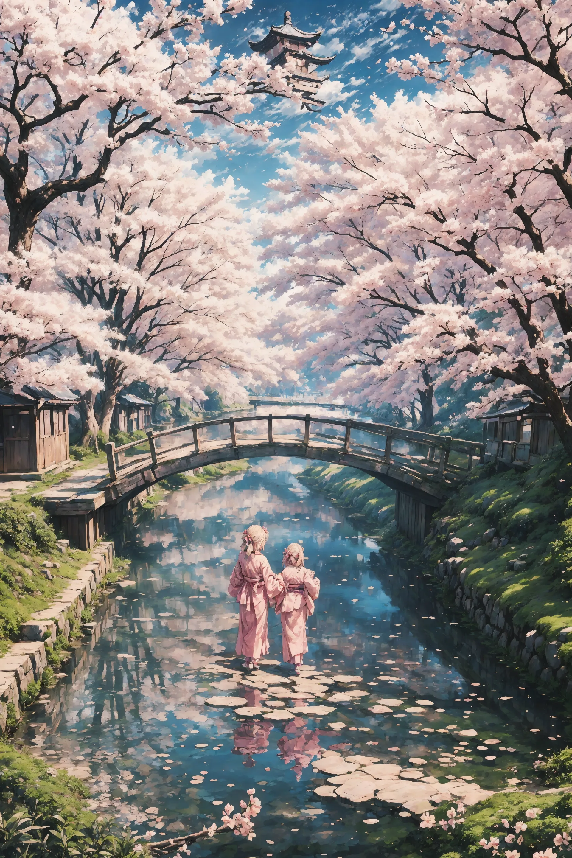 beautiful japanese landscape, (fishers village), Bright Pink short yukata, (very detailed), dog, peasants, sakura trees, bridge, boats, best quality, realistic, sharp focus, sunny sky, natural light, backlight, shadows, high contrast, hdr,  reflections, <lora:Detail Tweaker LoRA add_detail:0.7>  <lora:depth_of_field_slider_v1:5> <lora:SDXLrender_v2.0:0.8>