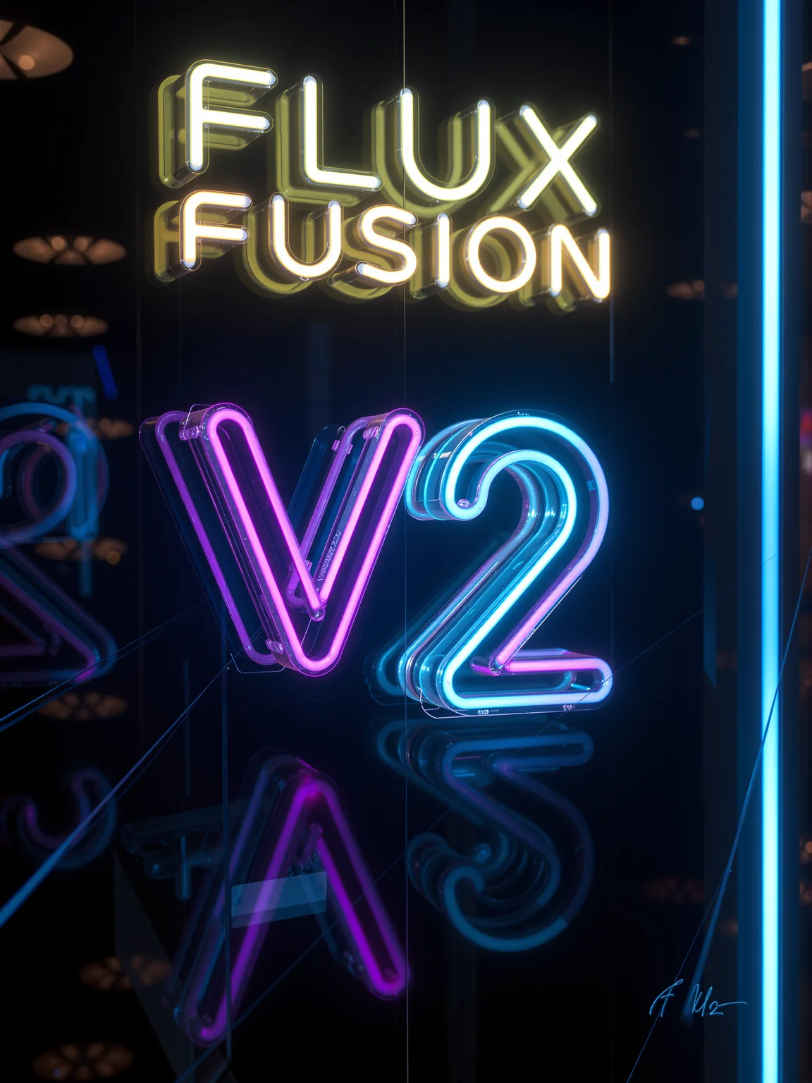 "Flux Fusion V2" logo displayed in a sleek, high-tech neon sign, the letters formed from glowing, transparent glass tubes. The V2 stands out prominently, larger than the rest, made from pulsing neon blue and purple light, giving it a futuristic, radiant glow. The background is a dark, reflective surface with subtle caustics and geometric patterns faintly visible, adding depth and intrigue. Thin beams of light spiral around the logo, enhancing the sense of motion and energy. The overall look is sleek, modern, and perfectly legible, with a high-end, sophisticated design inspired by advanced technology.