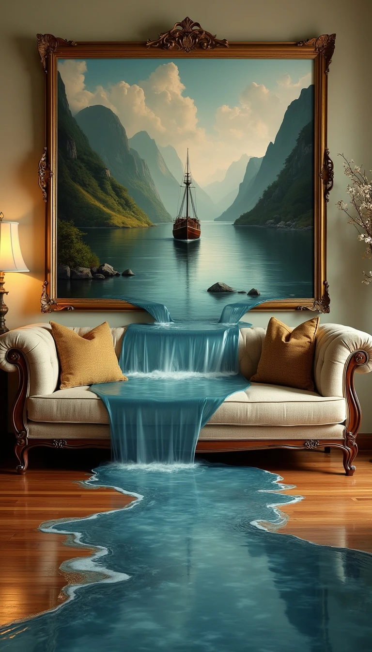 A surreal photograph of a river floating out of an oil painting on a living room wall and spilling over a couch and the wooden floor. The painting depicts a tranquil river between mountains. a ship gently bobbing in the water and entering the living room. The river's edge spills onto the wooden floor, merging the world of art with reality. The living room is adorned with tasteful furniture and a warm, inviting atmosphere., cinematic, photo, poster