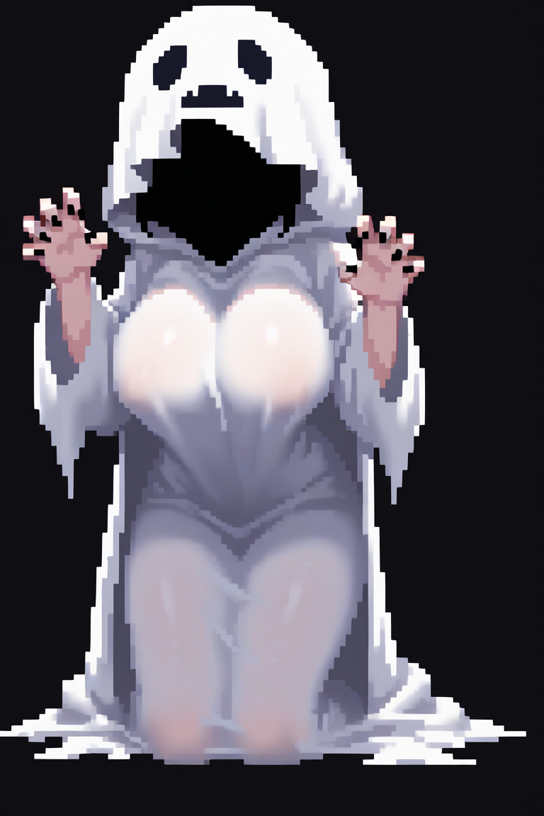 sheet ghost,solo,ghost costume,1girl,black background,claw_pose,(covered nipples:0.6),big breasts,black nails,kneeling,