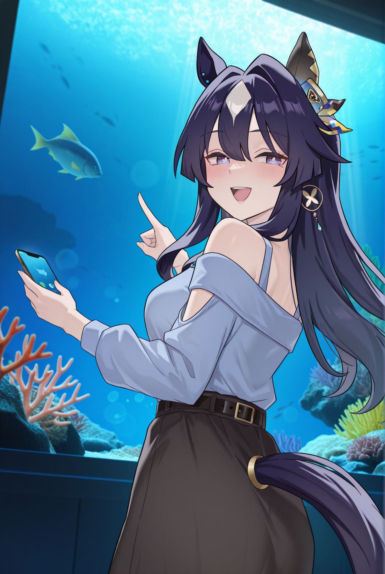 (masterpiece, best quality, ultra detailed), (perfect face, detailed face), Aza style
newest,absurdres,highres, newest,very awa, anime, (dutch angle:1.4),from behind, 1girl, beautiful face, perfect eyes, detailed eyes,mature female, looking at viewer,looking back, closed eyes, happy, smile, open mouth,blush, holding smartphone,smartphone,fish in smartphone screen, pointing forward,holding, aquarium, fish,coral, blurry foreground,(blurry background), depth of field,dark background, blue background,backlighting, dark room,bokeh, (light rays:1.2), blue theme, photo background, foreshortening,off focus,(vignetting:1.2), dark,
casual,bare shoulders,belt,black belt,black skirt,buckle,jewelry,long sleeves,off shoulder,blue shirt,shirt,shoulder cutout,skirt,
verxina \(umamusume\), horse ears, animal ears, horse girl, long hair, hair between eyes, dark blue hair, mole under eye, purple eyes, horse tail, blue eyes, <lora:Verxina:0.8> <lora:Aza_style-000008:1>