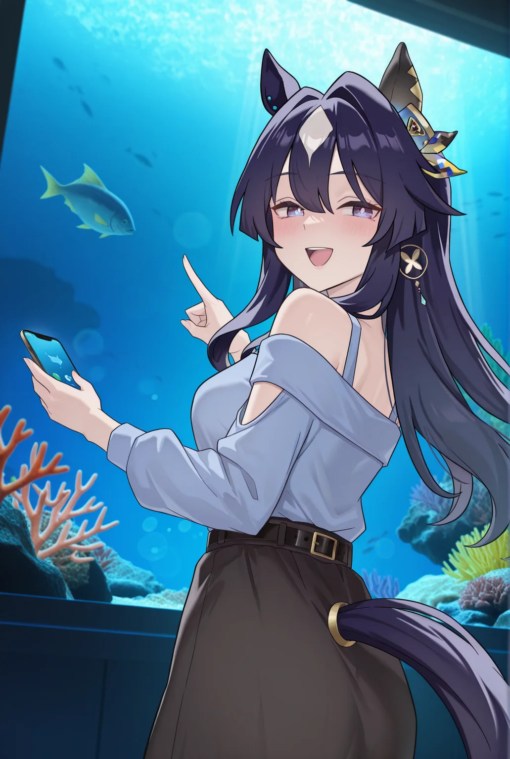(masterpiece, best quality, ultra detailed), (perfect face, detailed face), Aza style
newest,absurdres,highres, newest,very awa, anime, (dutch angle:1.4),from behind, 1girl, beautiful face, perfect eyes, detailed eyes,mature female, looking at viewer,looking back, closed eyes, happy, smile, open mouth,blush, holding smartphone,smartphone,fish in smartphone screen, pointing forward,holding, aquarium, fish,coral, blurry foreground,(blurry background), depth of field,dark background, blue background,backlighting, dark room,bokeh, (light rays:1.2), blue theme, photo background, foreshortening,off focus,(vignetting:1.2), dark,
casual,bare shoulders,belt,black belt,black skirt,buckle,jewelry,long sleeves,off shoulder,blue shirt,shirt,shoulder cutout,skirt,
verxina \(umamusume\), horse ears, animal ears, horse girl, long hair, hair between eyes, dark blue hair, mole under eye, purple eyes, horse tail, blue eyes, <lora:Verxina:0.8> <lora:Aza_style-000008:1>