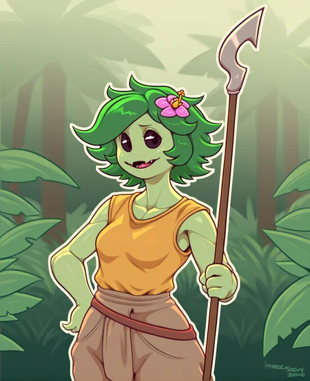 score_9, score_8_up, score_7_up, score_6_up, score_5_up, score_4_up, source_furry, zbi, sscs, starbound, elemental creature, elemental humanoid, flora fauna, floran, humanoid, plant humanoid, accessory, clothing, female, flower, flower in hair, fluffy, fluffy hair, grass, green body, green hair, green skin, hair, hair accessory, hat, headgear, headwear, leaf, plant, (polearm, spear, holding polearm, holding spear:1.1), solo, teeth, plant hair, pseudo hair, standing, outside, detailed background, jungle, three-quarter portrait, upper body, looking at viewer,
<lora:floran_pdxl:1>