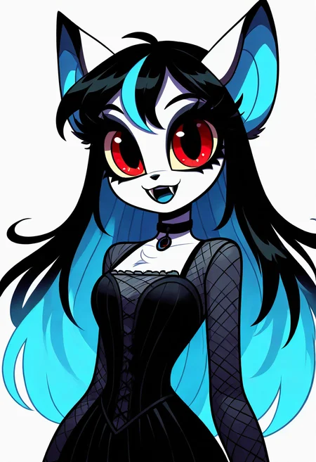 (masterpiece, best quality, good quality, very aesthetic, absurdres, newest:1.2), 1girl, solo, eyelashes, (beautiful eyes), 1girl, solo, long hair, blue hair, two-tone hair, black and blue hair, looking at viewer, bangs, animal ears, bat ears, furry, furry female, smile, fangs, colored skin, colored inner hair, jewelry, choker, black dress, blue jacket, , <lora:VampieNAI:1.0>,