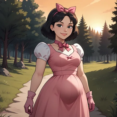 score_9, score_8, BREAK, solo, total drama, 1girl, black hair, pink hair bow, black eyes, lips, pink neck band, pink short dress, light pink gloves, pink footwear, Ella_(Total_Drama), tdpi, cute, pregnant, sexy pose, self portrait, smile, outdoors, sunlight, shadows, evening lighting, natural lighting, forest, trees, grass, orange sky, sunset