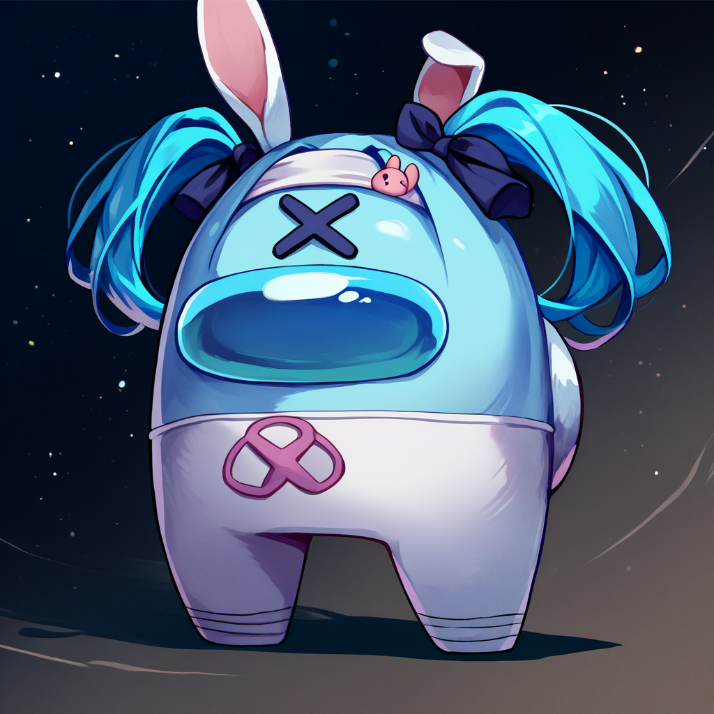 score_9, score_8_up, score_7_up, crewmate (among us), spacesuit, no humans, space helmet, <lora:AmongUs_pdxl_Incrs_v1:1>, full body, solo, <lora:vocaloid_rabbitholemiku_ponyXL:0.8> rabbitholemiku, facial mark, twintails, x hair ornament, hair ribbon, rabbit tail
