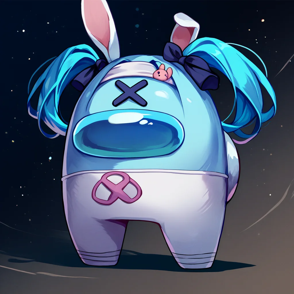 score_9, score_8_up, score_7_up, crewmate (among us), spacesuit, no humans, space helmet, <lora:AmongUs_pdxl_Incrs_v1:1>, full body, solo, <lora:vocaloid_rabbitholemiku_ponyXL:0.8> rabbitholemiku, facial mark, twintails, x hair ornament, hair ribbon, rabbit tail