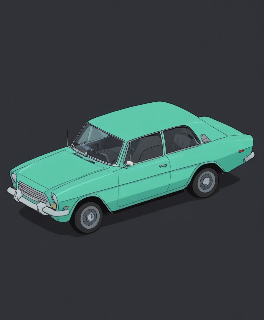 Flat 2D Art, car, modern car, Scavengers Reign Style, simple flat color, 2-dimensional, Flat 2D Art Style