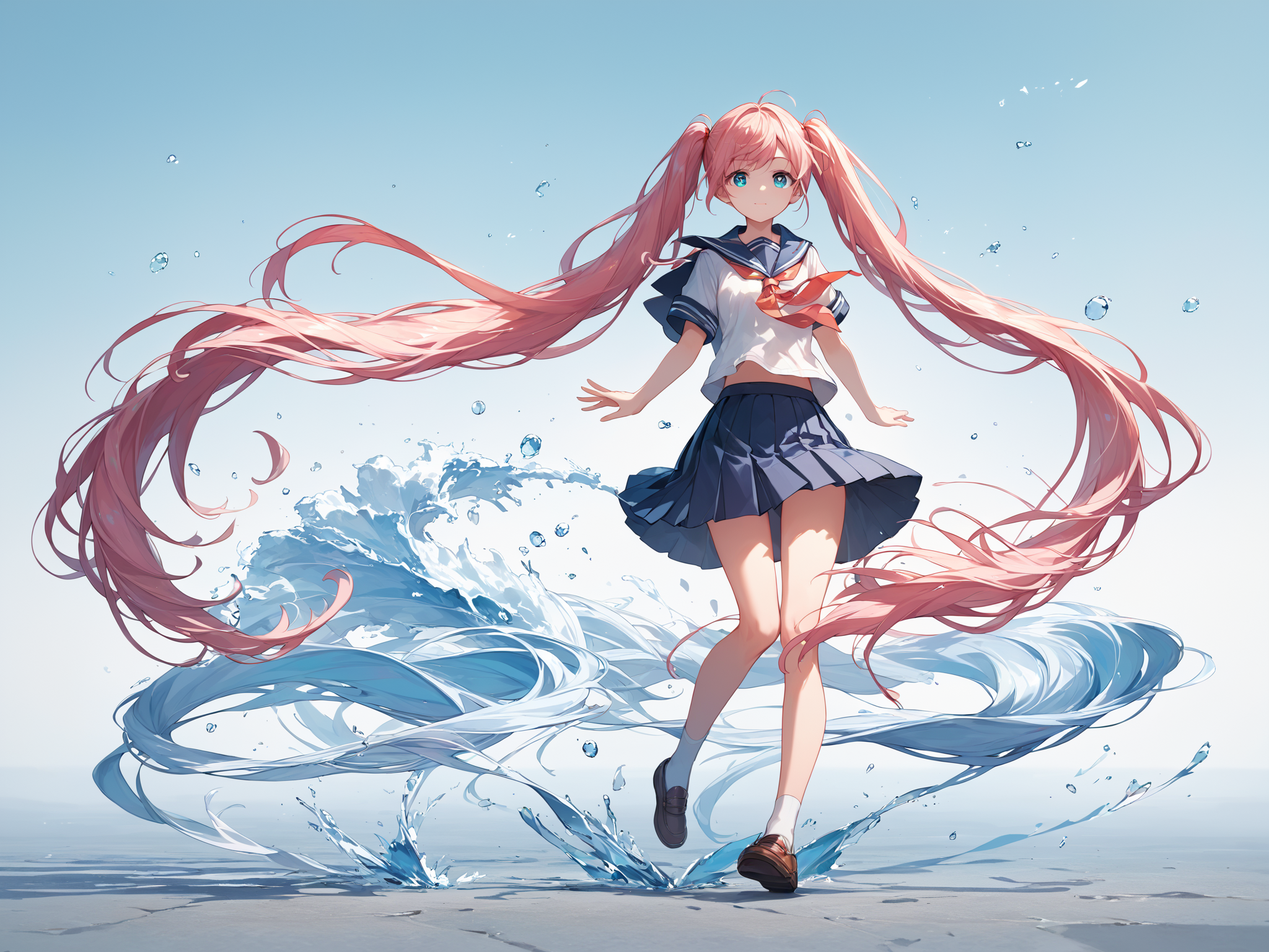 score_9, score_8_up, score_7_up,source_anime, high res image,masterpiece,best quality,girl,cute face,clear skin,shiny hair,ultra detailed eyes,simple background,  <lora:long twintail_pony_V1.0:1.2> twintails,very long hair,full body,wind,school uniform,