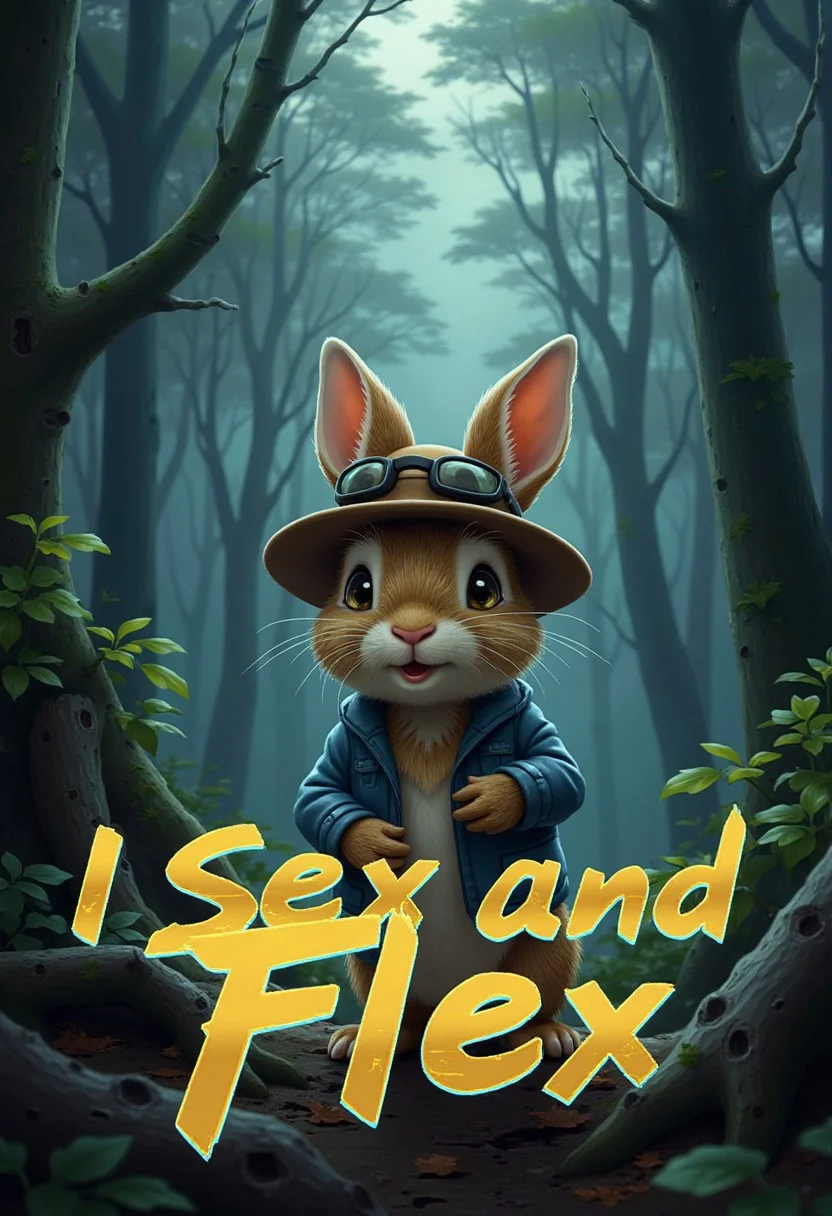 Cyberpunk typeface golden text "I Sex and Flex" with cyan afterglow. Cyberpunk typeface
Cute rabbit with hat in stormy forest. smile
By artist Beatrix Potter