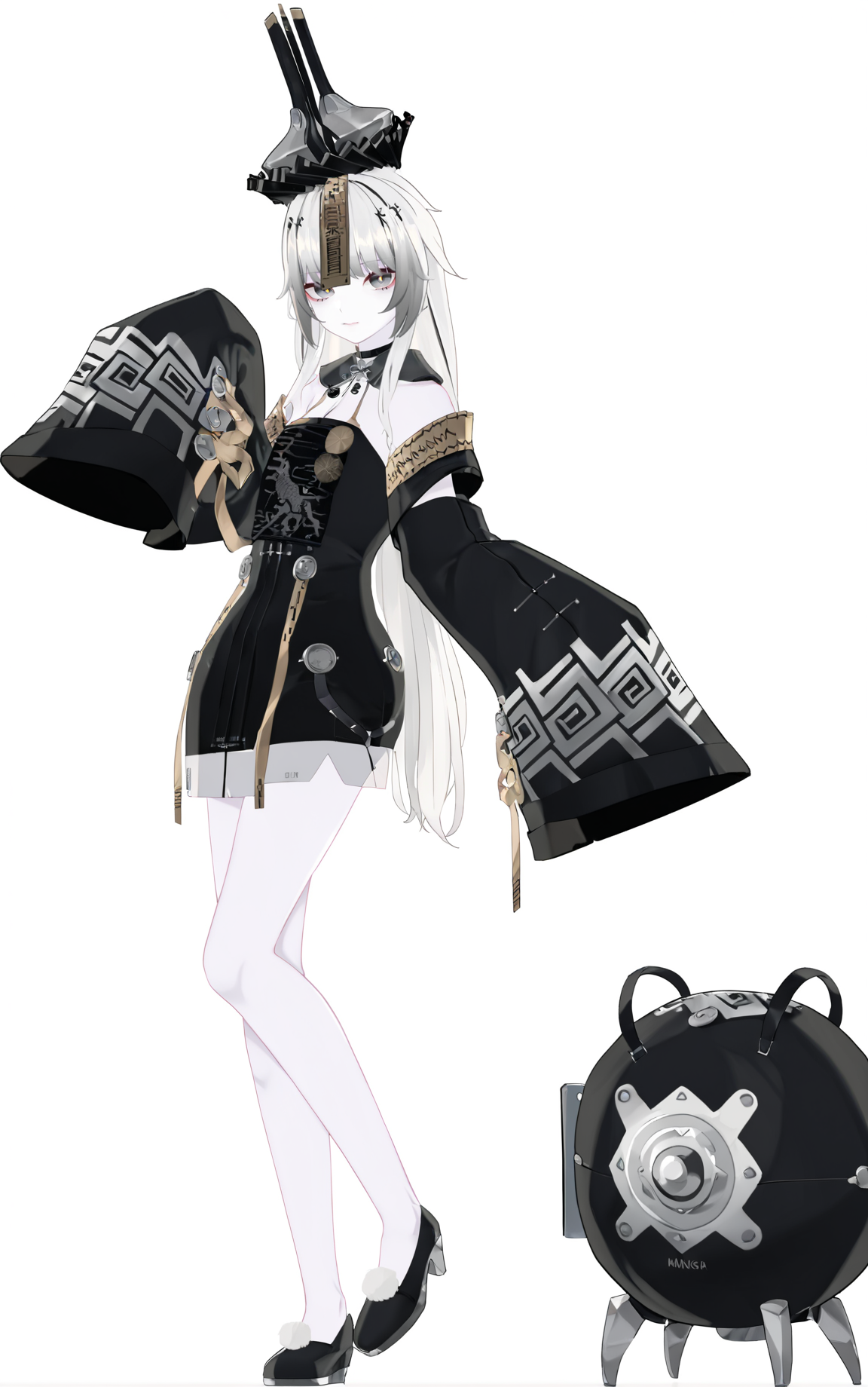 8k, best quality, masterpiece, (ultra-detailed), (high detailed skin), (by nanoless, by misumi \(macaroni\),:0.5), 
A full-body portrait of a young girl, standing gracefully, pastel art style, high-key lighting, shoujo manga influence, hd quality, delicate details, 
full body, full shot, standing, looking at viewer, (solo:1.2), simple background, white background, 
<lora:21XXI-atw2-Tanger-000005:0.8>, 21XXI, 2nd clothes, strange hat, black chinese clothes, 1girl, long hair, detached sleeves, dress, black footwear, pale skin, white hair, sleeves past wrists