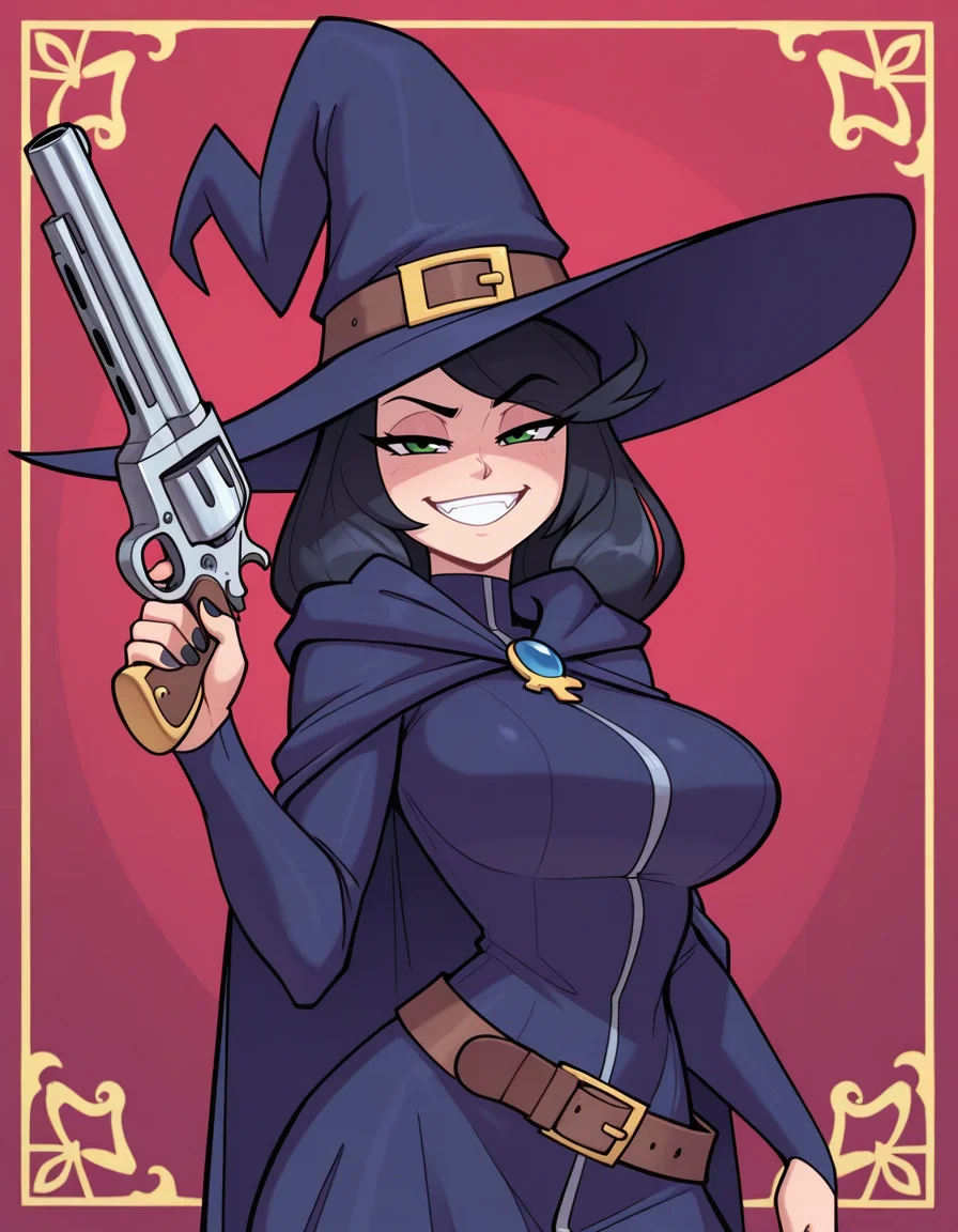 <lora:EcchiToon:0.25>, 3cch1t00n, <lora:Artist_Style_-_Bigdad_ILXL:0.25>, bigdad_style, <lora:balsamique-guy90-Illust-Lycorisv1:0.25>, balque, <lora:afrobull-guy90-Illust-Lycorisv1:0.25>, afbul, <lora:boxman-guy90-Illust-Lycorisv1:0.25>, namxob, (masterpiece, best quality, ultra-detailed, absurdres, newest, detailed textures, correct anatomy, very aesthetic:1), 1girl, detailed_hand, elegant_fingers, hand up, witch hat, holding revolver, intricate metal craftsmanship, nail polish, looking at viewer, narrowed eyes, smug, grin