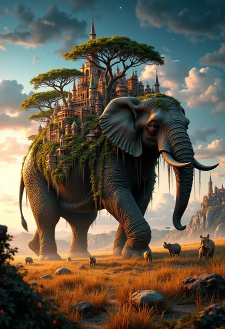 Hyper-realistic scene of a giant ancient african elephant with a city built on its back. The elephant's back is covered in lush, dense savanah with towering trees, fata morganas cascading down its sides, and a hidden, misty village nestled in the foliage. The african city consists of intricately designed buildings that blend seamlessly with the natural environment, featuring rope bridges connecting different sections of the city. The elephant moves slowly through an endless savannah, with sand gently crashing against its sides. Above, the sky is a mix of warm sunset hues and stars beginning to peek through the twilight. The atmosphere is magical and serene, evoking a sense of wonder and timelessness. The image captures the harmony between nature and civilization, with soft, ambient lighting enhancing the mystical ambiance. The perspective is wide, emphasizing the grandeur of the tortoise and the tiny yet intricate details of the city. <lora:FluxMythP0rtr4itStyle:0.8>
Original prompt that I used for inspiration is from Rekano33