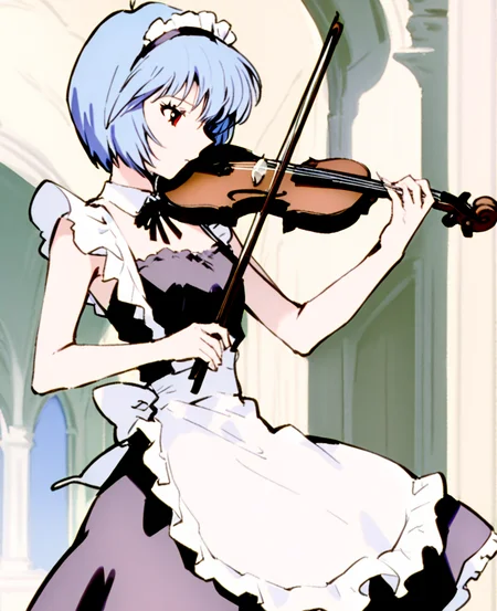 solo,<lora:xtq:0.7>,violin,instrument,playing instrument,holding,bow \(music\),holding instrument,<lora:Vincent_Sketch_Manga:1>,daiton,<lora:lbl:1>,ayanami rei,detached collar,maid,maid headdress,apron,garter straps,maid apron,frills,corset,palace,palace,brilliant and magnificent,relief,gold jewelry,from_side,, masterpiece,best quality,very aesthetic,absurdres,8k,<lora:ä¿®æsl:1>,