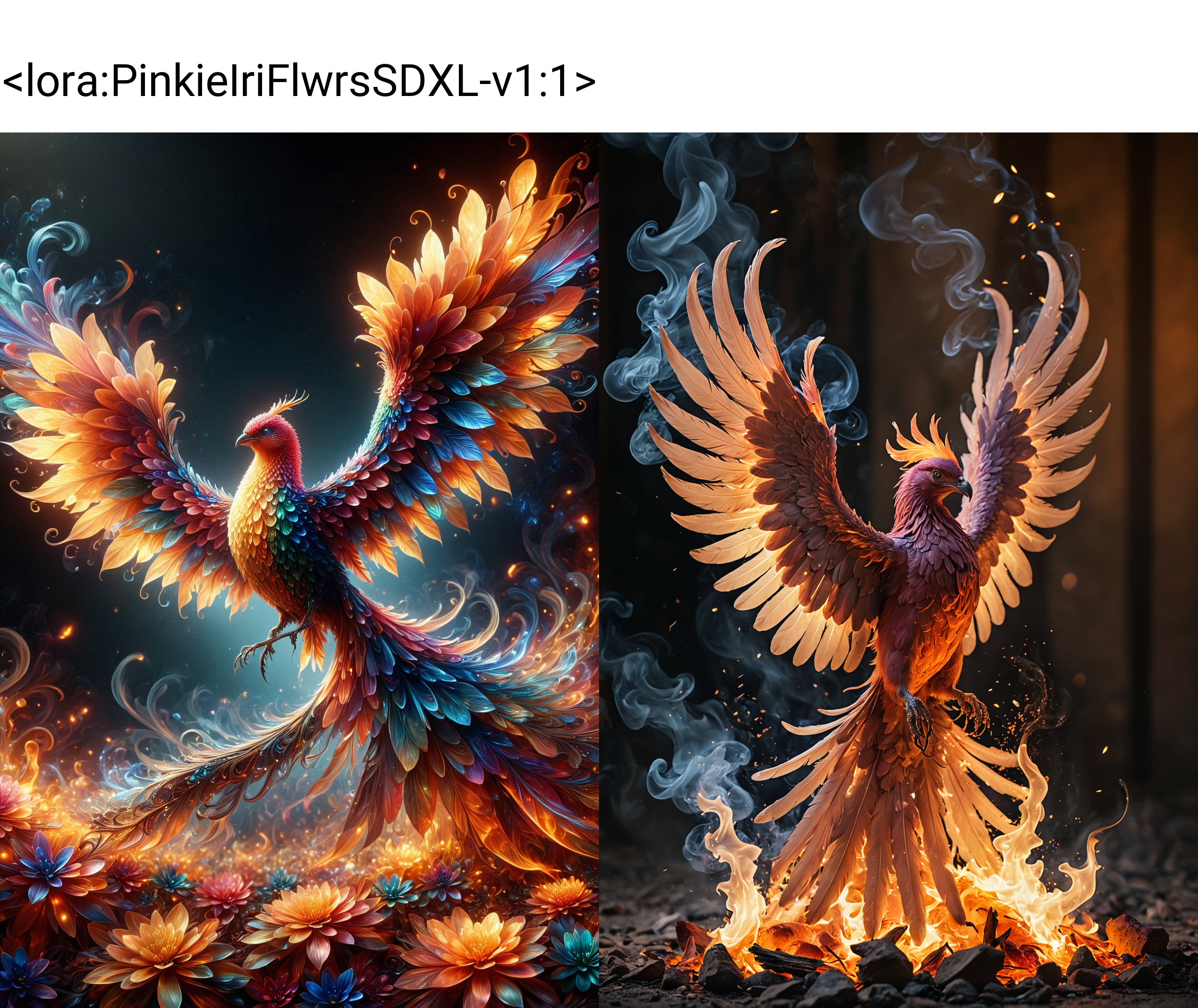 An iridescent flower petals phoenix burning with fiery flames, suspended amidst swirling tendrils of smoke, a majestic phoenix emerging from hell, photographed in a mystical, low-light atmosphere at dusk with warm golden sunset hues casting an ethereal glow, infused with deep crimson and amber tones. and subtle shadows, as if captured in some ancient and fantastic prophecy. In the background many loose feathers, ashes and fire made out of iridescent flower petals, <lora:PinkieIriFlwrsSDXL-v1:1>, p1nk1r1fl0wers,