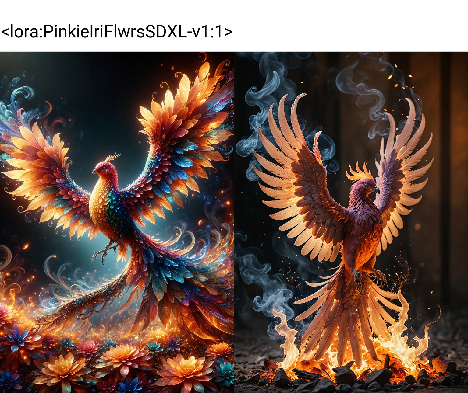 An iridescent flower petals phoenix burning with fiery flames, suspended amidst swirling tendrils of smoke, a majestic phoenix emerging from hell, photographed in a mystical, low-light atmosphere at dusk with warm golden sunset hues casting an ethereal glow, infused with deep crimson and amber tones. and subtle shadows, as if captured in some ancient and fantastic prophecy. In the background many loose feathers, ashes and fire made out of iridescent flower petals, <lora:PinkieIriFlwrsSDXL-v1:1>, p1nk1r1fl0wers,