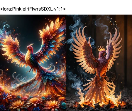 An iridescent flower petals phoenix burning with fiery flames, suspended amidst swirling tendrils of smoke, a majestic phoenix emerging from hell, photographed in a mystical, low-light atmosphere at dusk with warm golden sunset hues casting an ethereal glow, infused with deep crimson and amber tones. and subtle shadows, as if captured in some ancient and fantastic prophecy. In the background many loose feathers, ashes and fire made out of iridescent flower petals, <lora:PinkieIriFlwrsSDXL-v1:1>, p1nk1r1fl0wers,