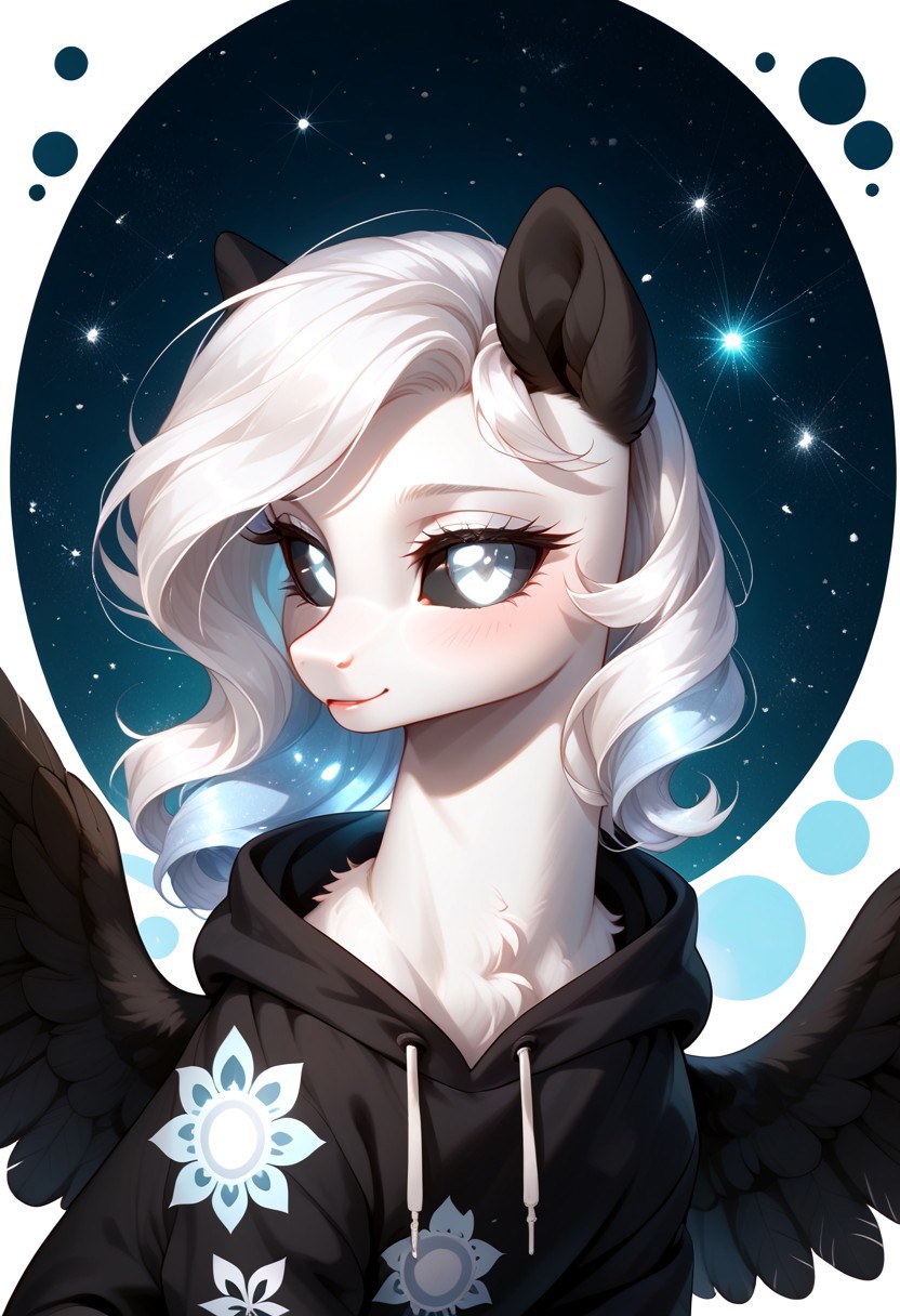 score_9, score_8_up, score_7_up, score_pony, zPDXL3, Albina, a mysterious albino girl with glowing white eyes and silky white hair, black sclera contrasting her pale skin, soft white fur accents, and sleek black ears. She has large, elegant black wings folded behind her, wearing an oversized dark hoodie with the hood pulled up, casting a shadow over her delicate features. Her expression is gentle and enigmatic, a faint blush coloring her cheeks. Captured from a high-angle view as she gazes upward, surrounded by a soft, ethereal glow, exuding a serene, otherworldly beauty in a quiet, dimly lit atmosphere.
