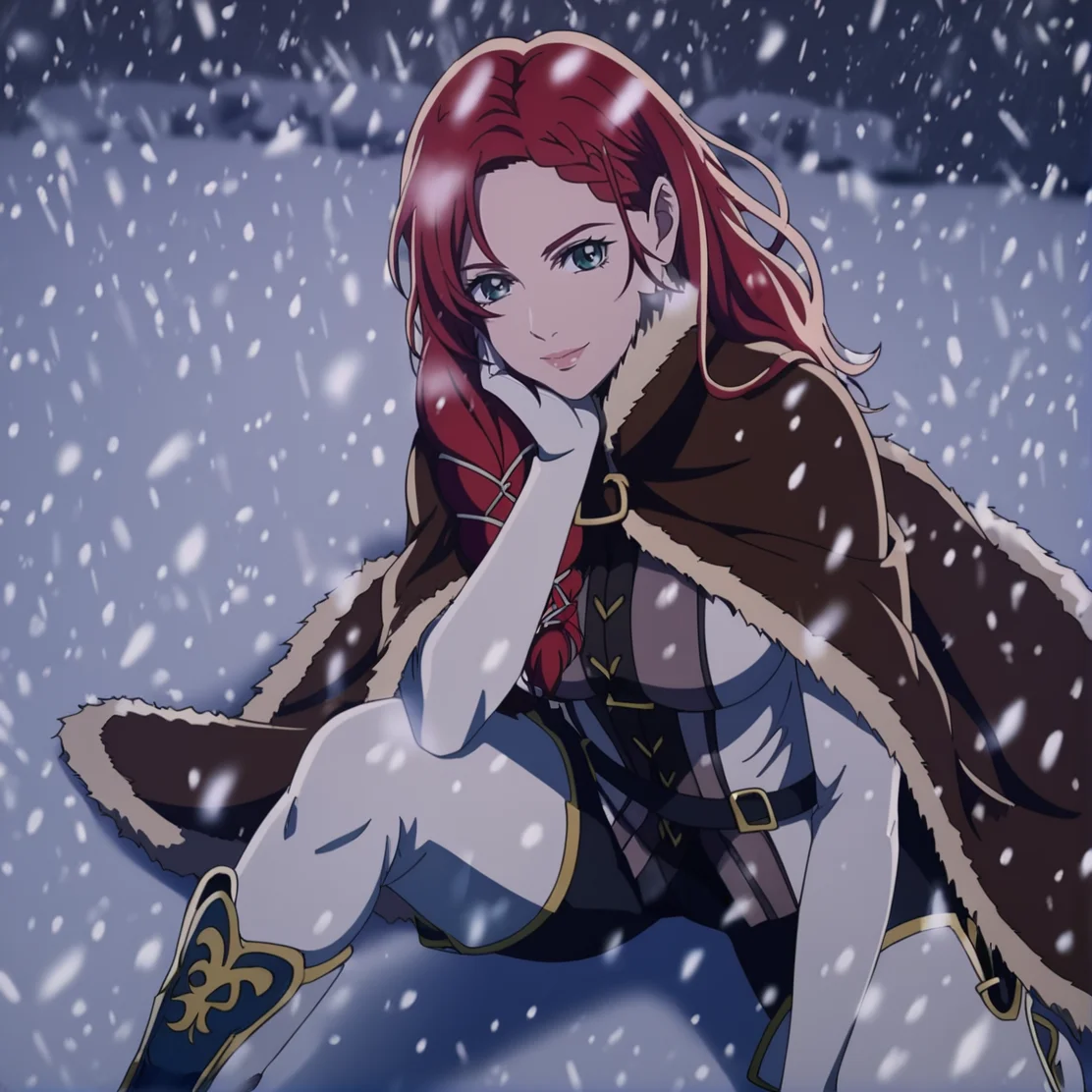 2d, source_anime, solo, masterpiece, detailed, BREAK, 1girl, HeraHammerhand, red hair, long hair, green eyes, braid, white jacket, brown fur cloak, long white gloves, black pants, thigh boots, green shin guard, breasts, realistic background, blurry background, bokeh, looking at viewer, epic composition, posing, smiling, closed mouth, snowing, snowy mountain, dynamic angle, hip tilt, holding one leg up, one leg spread, one knee bent, lying on snow, hands on cheeks, <lora:HeraHammerhand:0.9>