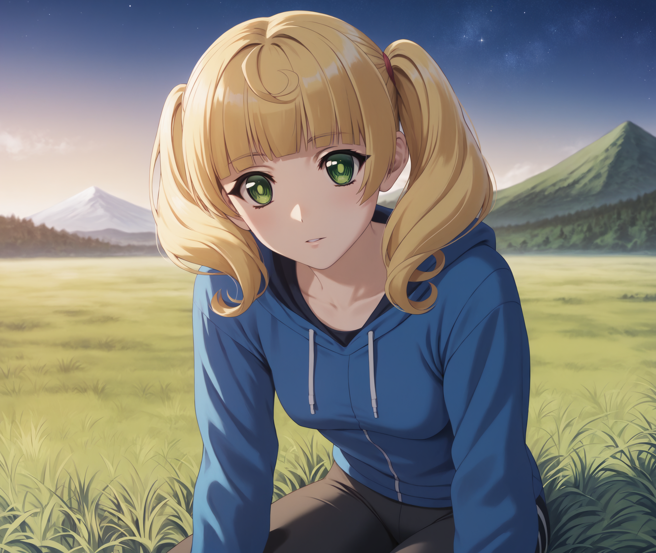 score_9, score_8_up, score_7_up, highres, hi res, best quality, masterpiece, 2d, intricate details, 4k, anime coloring,
1girl, solo, female, solo focus, blonde hair, twintails, green eyes, blunt bangs, sidelocks,
breasts, medium breasts, small breasts, 
sports suit, hoodies, long sleeves, blue hoodie, 
sitting, leaning forward, cowboy shot, head tilt, looking up, looking at another, outdoors, on grass, field, depth of field, mountain, horizon, outdoors, forest, field, night, sky, night sky, star \(sky\), starry sky, <lora:Yuzu1024_Pony:1>, ren'ai boukun, kichougasaki yuzu,