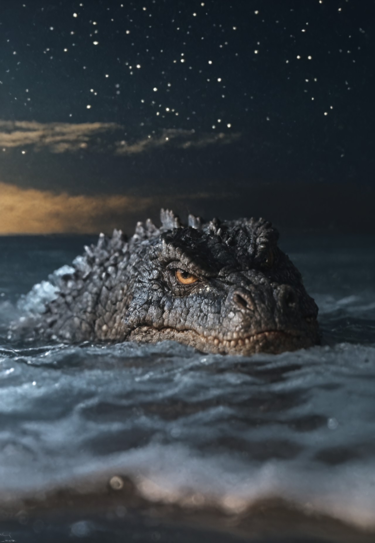 score_9, score_8_up, score_7_up, solo, portrait, giant dinosaur reptilian monster Godzilla, realistic scales, detailed scale texture, solo, outdoors, head surfacing from the ocean, partially submerged, wading through the water, solo, extremely detailed, Macro detailed realism style photograph, 3DMM