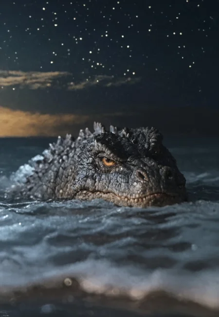 score_9, score_8_up, score_7_up, solo, portrait, giant dinosaur reptilian monster Godzilla, realistic scales, detailed scale texture, solo, outdoors, head surfacing from the ocean, partially submerged, wading through the water, solo, extremely detailed, Macro detailed realism style photograph, 3DMM