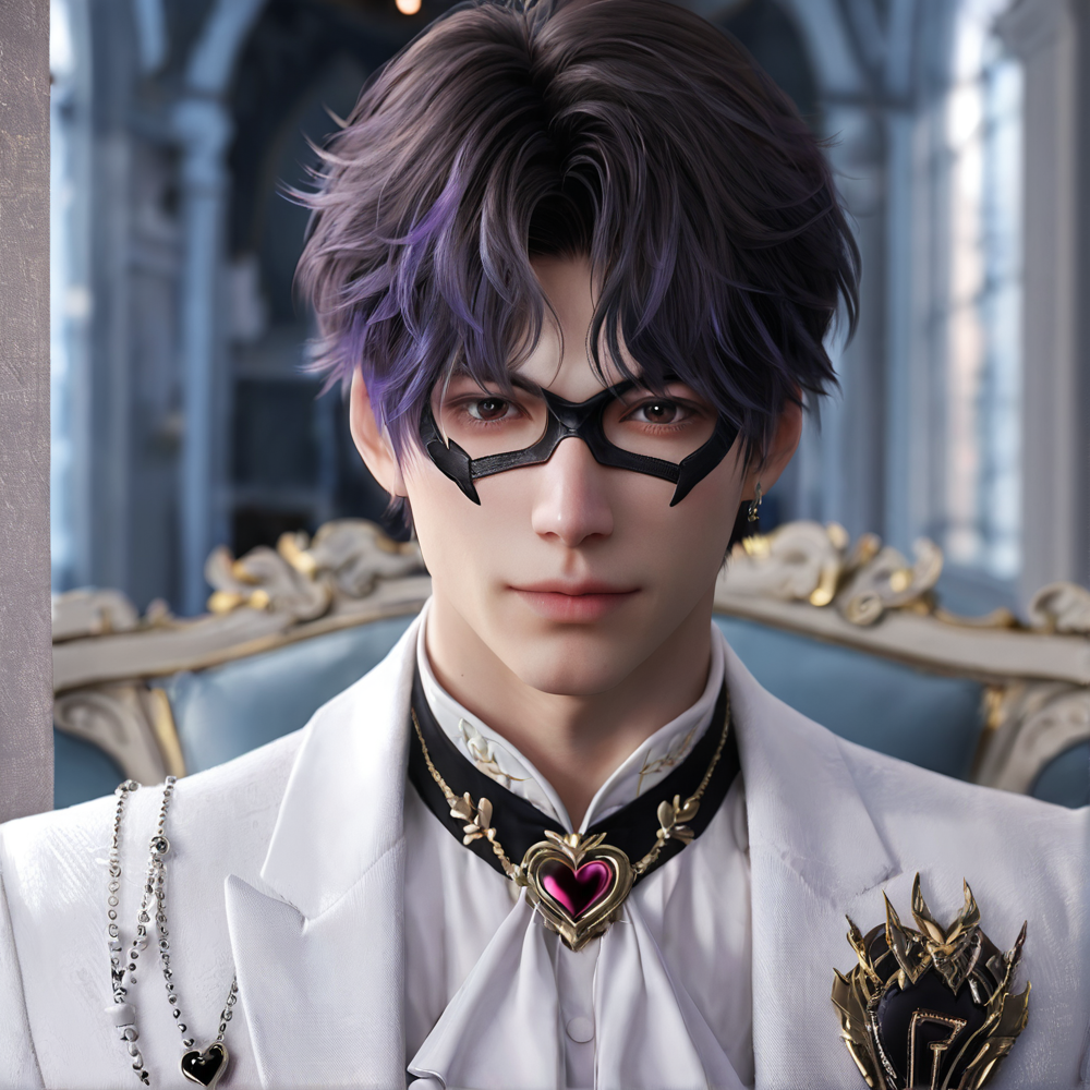 1boy,purple hair,black eyebrows,brown eyes,earring,(black domino mask:1.1),white jacket,(black patterns:1.1),grey vest,white ascot,heart pattern,white shirt,lapel pin,white pants,depth of field,gorgeous background,formal,indoors,looking at viewer,male focus,solo,masterpiece,best quality,high quality,detailed hair,detailed face,detailed skin,realistic,<lora:L&DsRafayel(ZQ)_v1.0:0.5>,