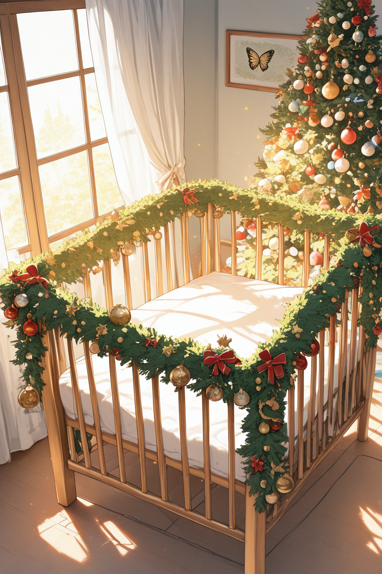 realistic shading, natural lighting, dacrib, christmas-crib focus, dacrib_christmas ornaments, no humans, indoors, day, window, curtains, butterflies, dutch angle, dynamic angle, intricately detailed illustration, masterpiece, best quality, amazing quality, very aesthetic, absurdres, newest