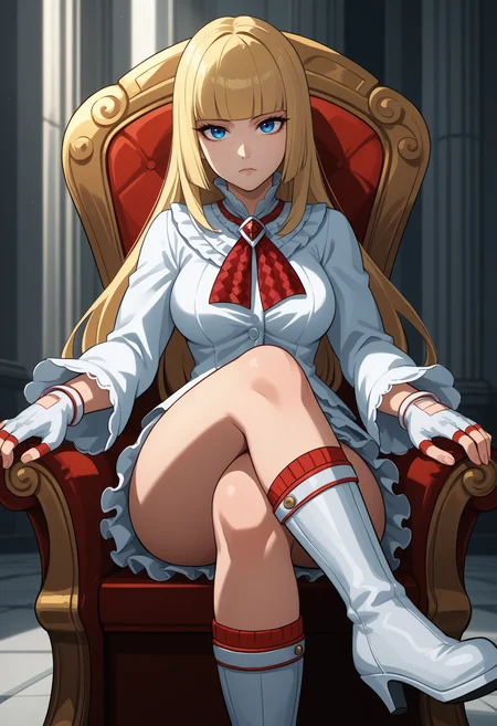 score_9, score_8_up, score_7_up, source_anime, <break> solo, 1girl, emilieog, expressionless, looking at you, sitting, throne, crossed legs, long hair, blonde hair, blunt bangs, hime cut, blue eyes, frills, white dress, frilled dress, red ascot, long sleeves, white gloves, fingerless gloves, white footwear, knee boots, high heel boots, large breasts, indoors
<segment:yolo-face_yolov8m.pt,0.4,0.5//cid=1>