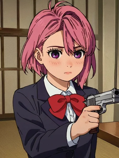 score_9, score_8_up, score_7_up, airashiratori, a character with pink hair holding a handgun, wearing a school uniform with a red bow tie, 1girl, looking at viewer, blush, short hair, bangs, simple background, shirt, 1boy, closed mouth, purple eyes, hetero, heart, multicolored hair, solo focus, indoors, bowtie, black jacket, striped, holding weapon, pink bow, handgun on face, holding handgun, volumetric lighting   <lora:dandadan_pony_v1-1:0.9>