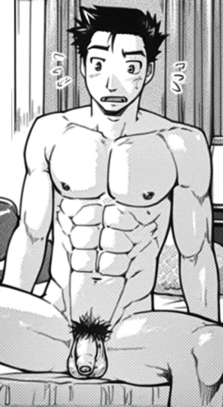 score_9, score_8_up, score_7_up, anime_source, official artstyle, anime screencap, highly detailed, 1boy, perfect composition, good shading, male focus, 1boy, solo, indoors, bedroom, bed, akishima boy, black hair, short hair, sitting on bed, abs, pectorals, bare chest, bare upper body, shirtless, legs apart, frontal view, monochrome, bare lower body, testicles, pubes, foreskin, flaccid penis, embarassed