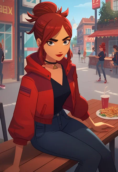 score_9, score_8_up, score_7_up, score_6_up, Carm3n Sandi3go, blue eyes, red jacket, black shirt, dark grey jeans, updo hair, red hair, necklace, on street, sitting, hands on table, looking at viewer, smile